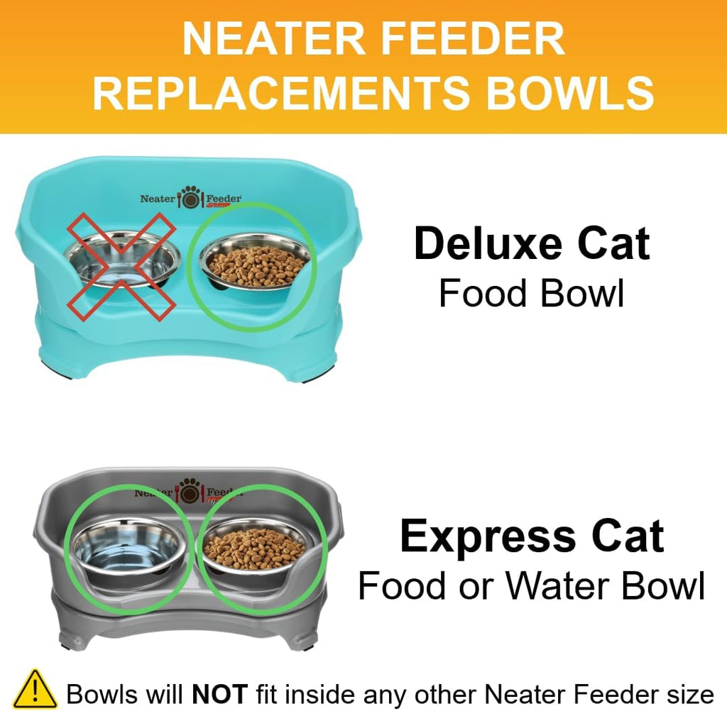 1 Cup (8 Oz.) Shallow Stainless Steel Cat Bowls, Set of 2 Neater Feeder Replacement Bowls (Express & Deluxe), Metal Cat Dishes for Food and Water, Whisker Friendly, Dishwasher Safe