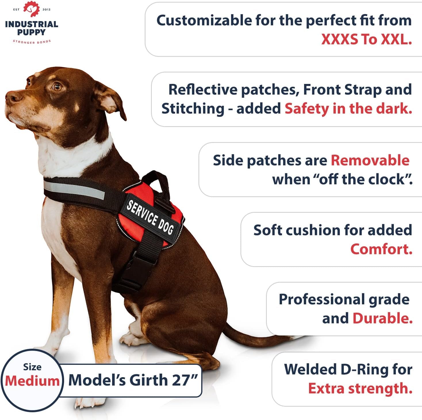 Service Dog Vest with Hook and Loop Straps & Matching Service Dog Leash Set - Harnesses from XXS to XXL - Harness Features Reflective Patch and Comfortable Mesh Design (Red, Medium)