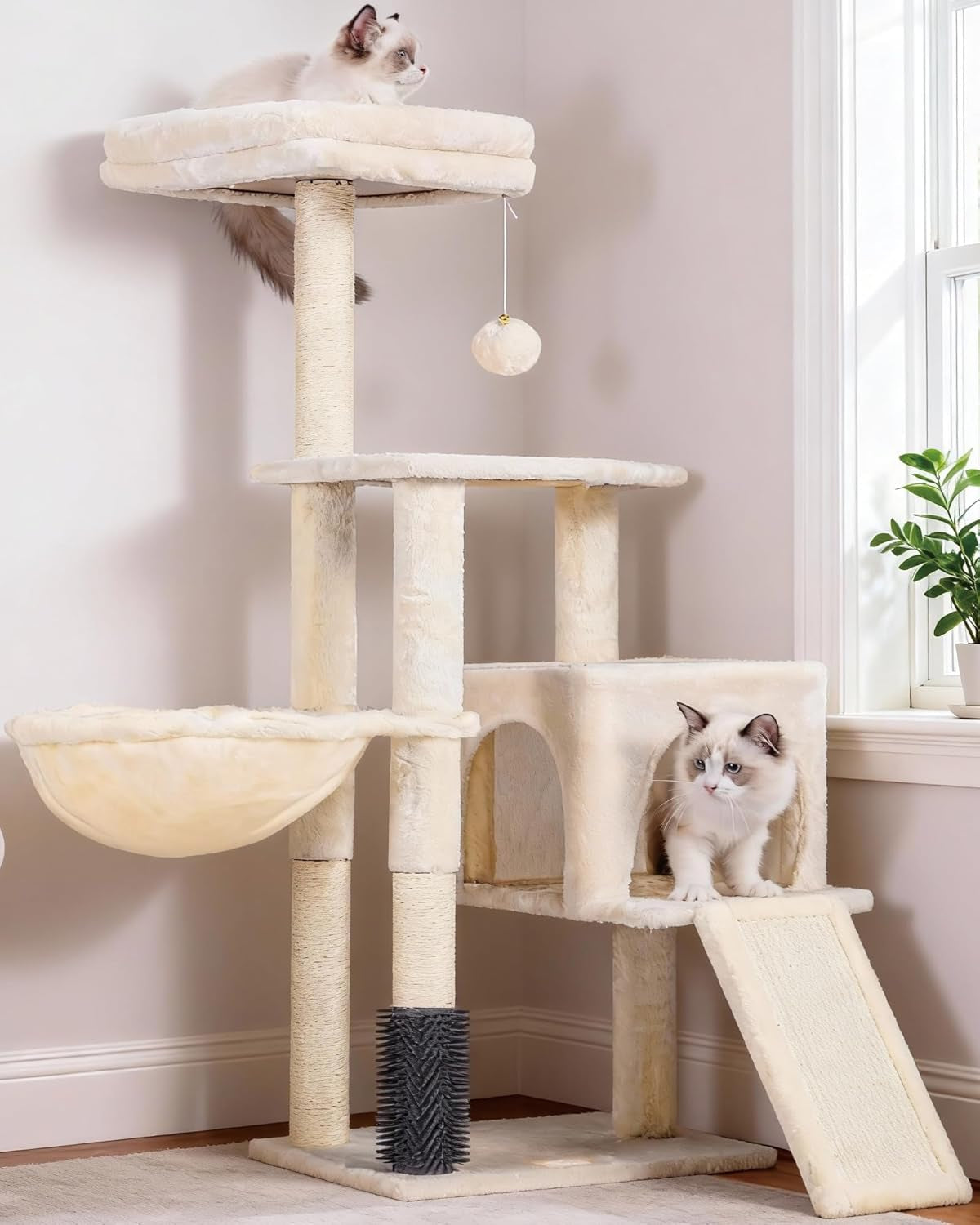 Cat Tree with Cat Self Groomer Brush, Cat Tower Condo for Indoor Cats with Padded Plush Perch, Cat House with Basket Scratching Board Post, Beige HCT005SM