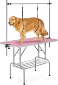 46'' Pet Grooming Table for Large Dogs Adjustable Height - Portable Trimming Table Drying Table W/Arm/Noose/Mesh Tray Maximum Capacity up to 265Lb -Pink